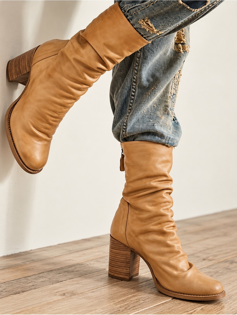 Free People Elle Slouch Leather Block Heel Boots Tan